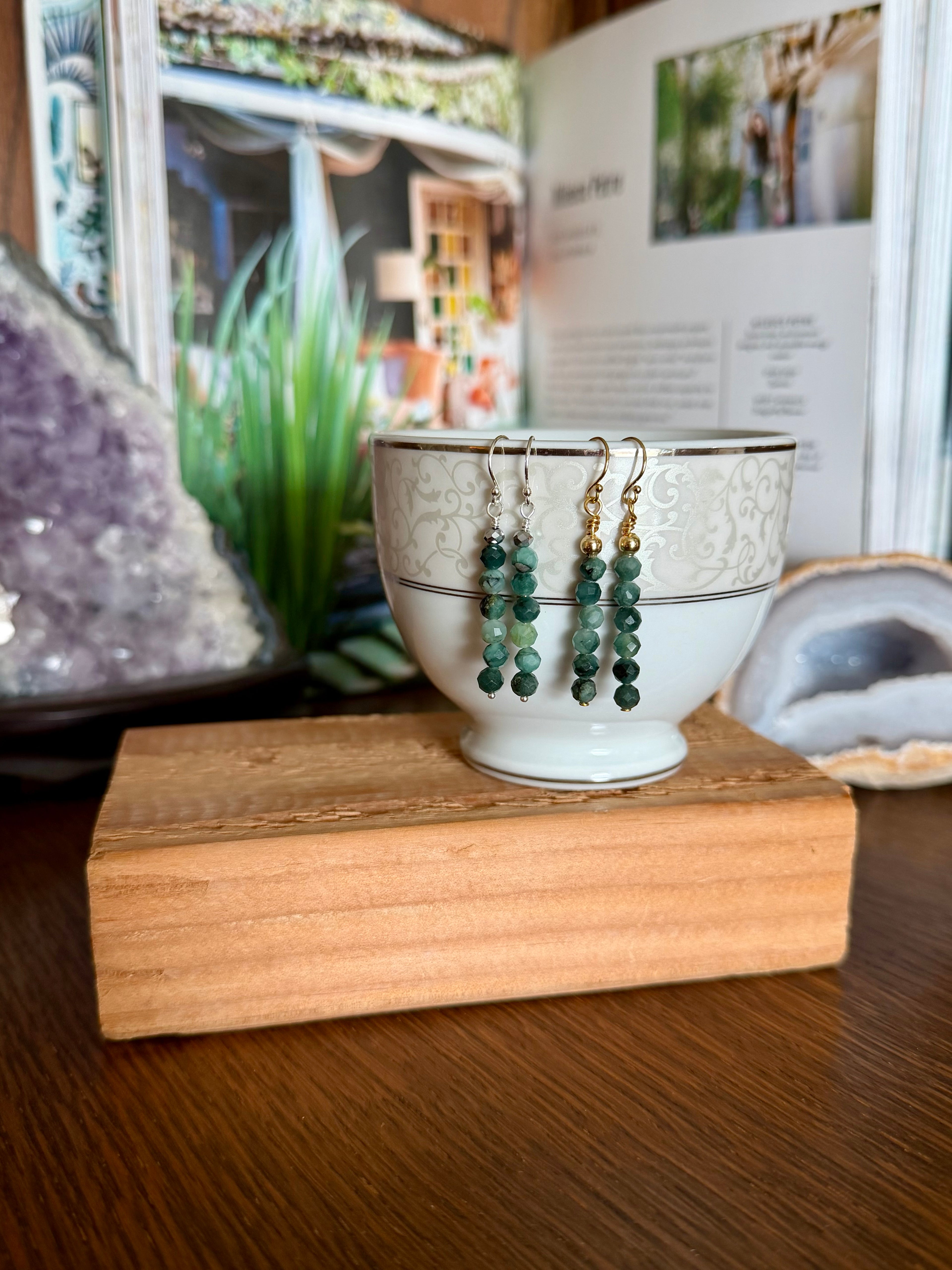 Emerald dangle earrings. May birthstone