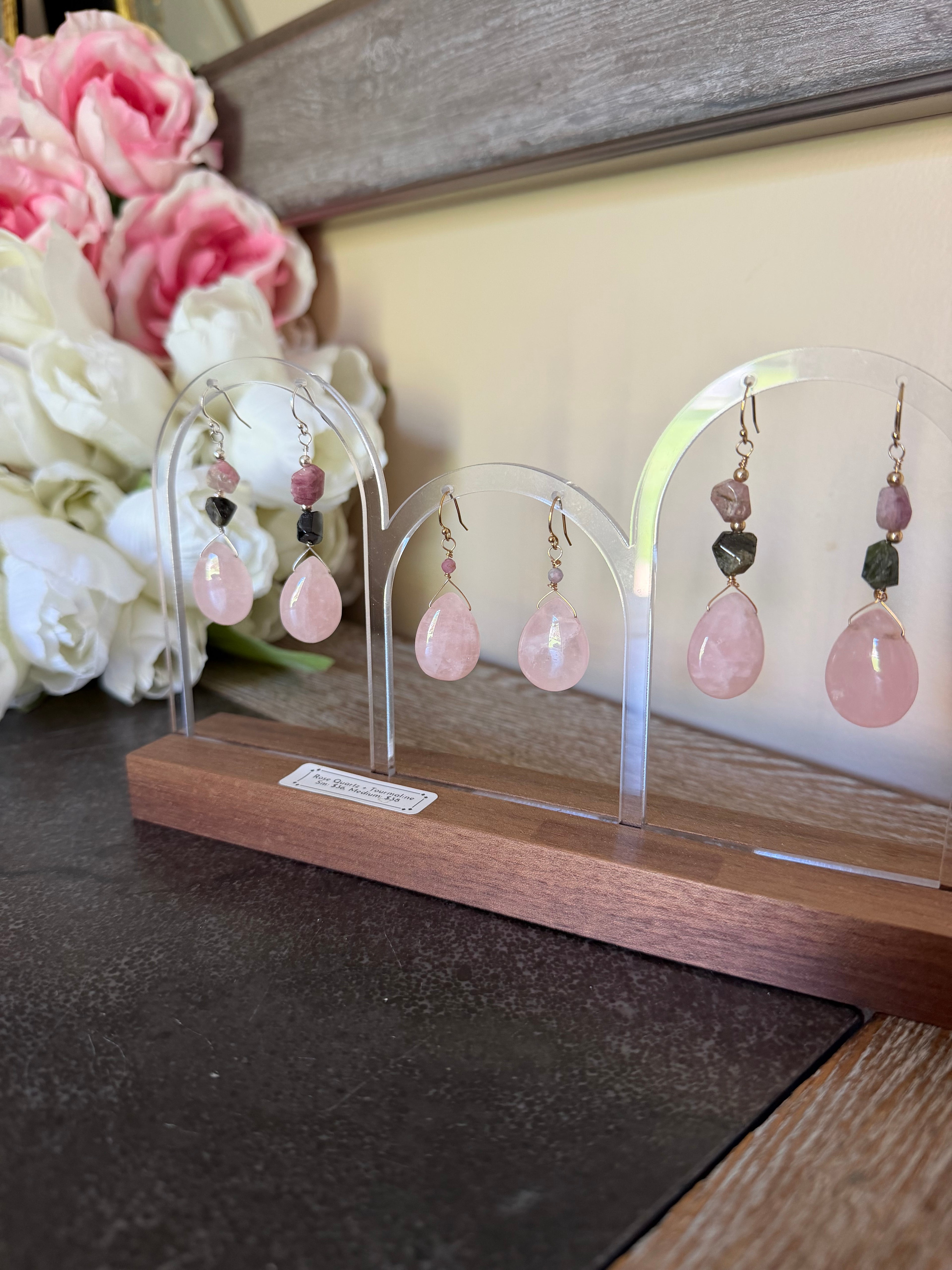Rose Quartz + Tourmaline dangle earring