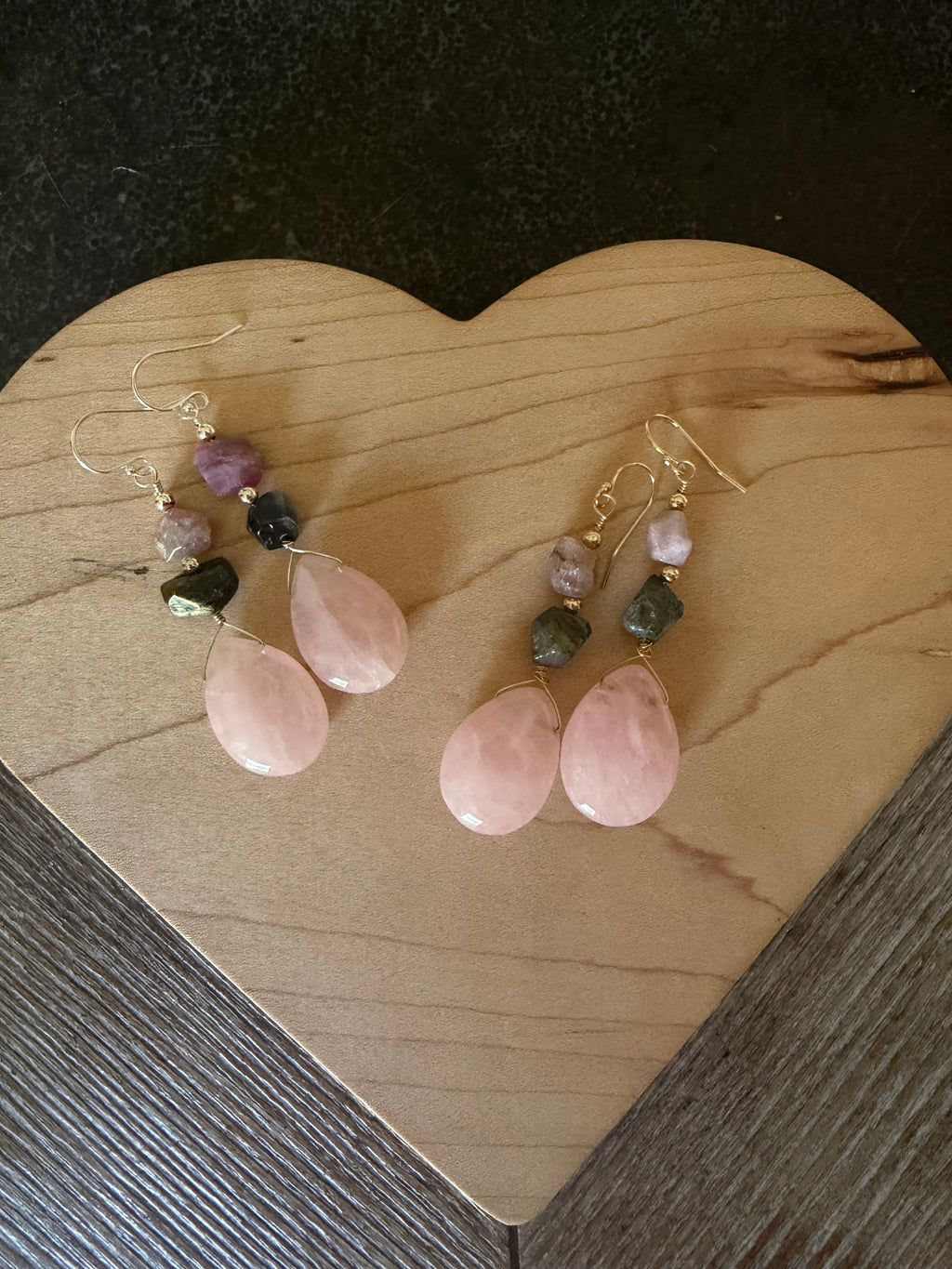 Rose Quartz + Tourmaline dangle earring