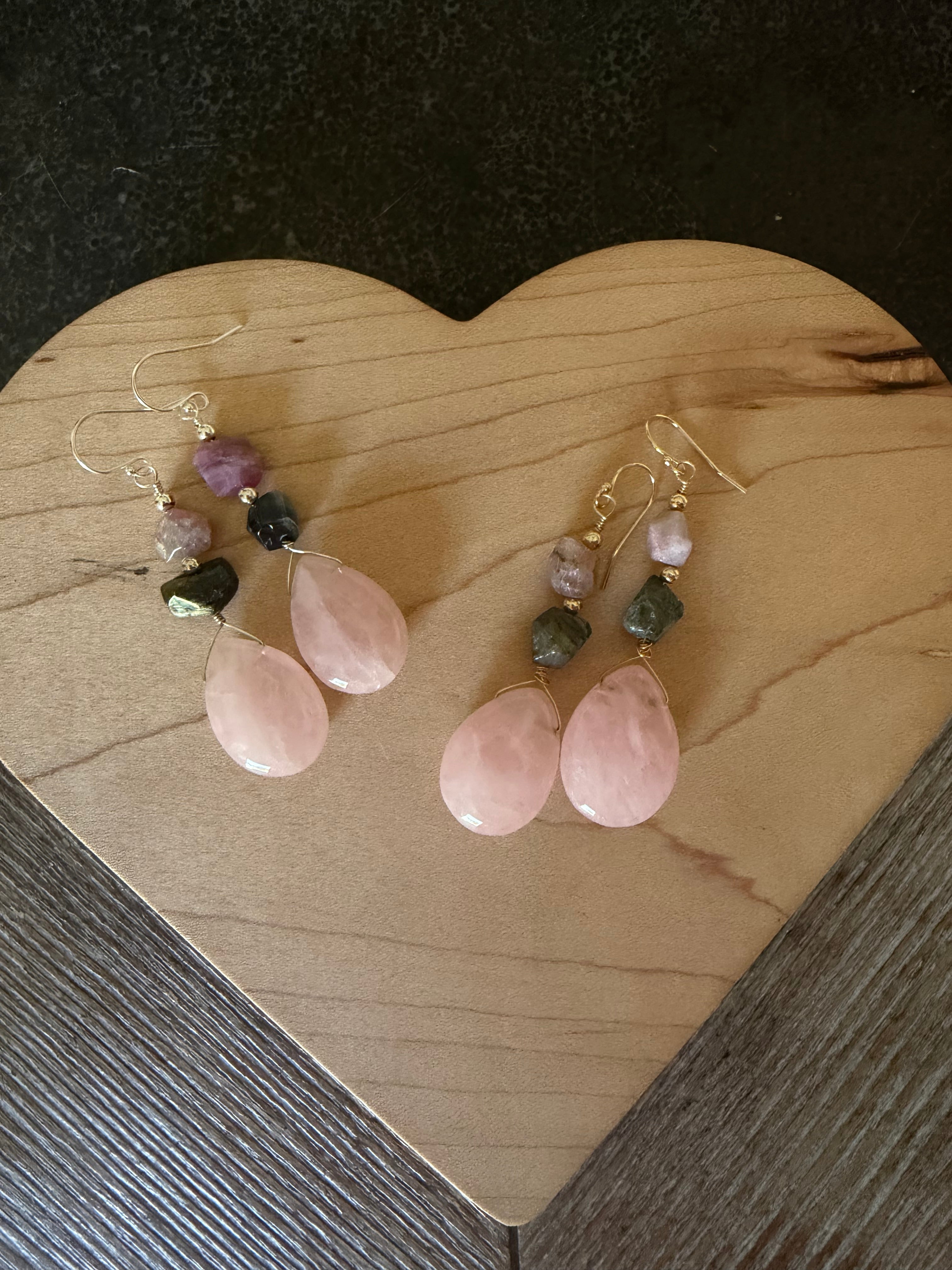 Rose Quartz + Tourmaline dangle earring