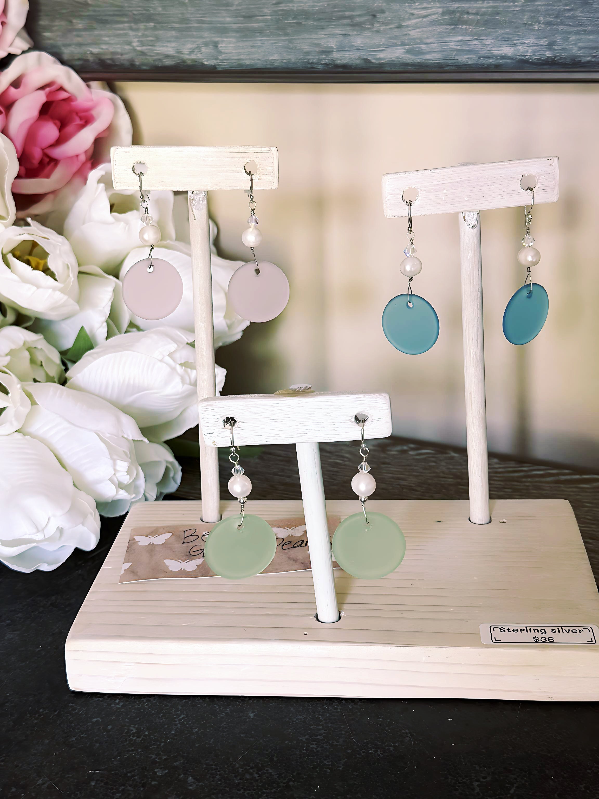 Beach Glass + Pearl earrings